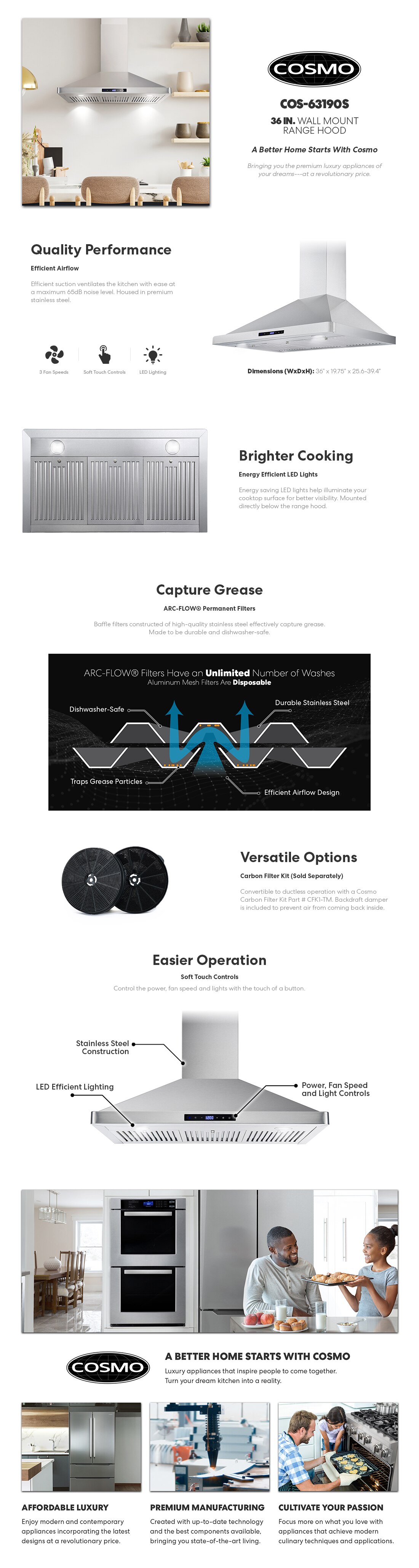 Cosmo 36 in. Ducted Wall Mount Range Hood in Stainless Steel with Touch